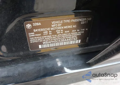 2011 BMW 328I из США, поврежденный, VIN WBAPH5C53BA445743